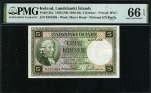 Iceland 1928 (1948-1956) 5 Kronur P32a PMG 66 EPQ GEM UNC - Picture 1 of 2