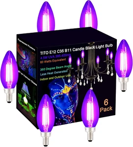 6 Pack E12 B11 Filament LED Candle Black Light Bulbs, UVA 395Nm 4.5W Candelabra - Picture 1 of 12