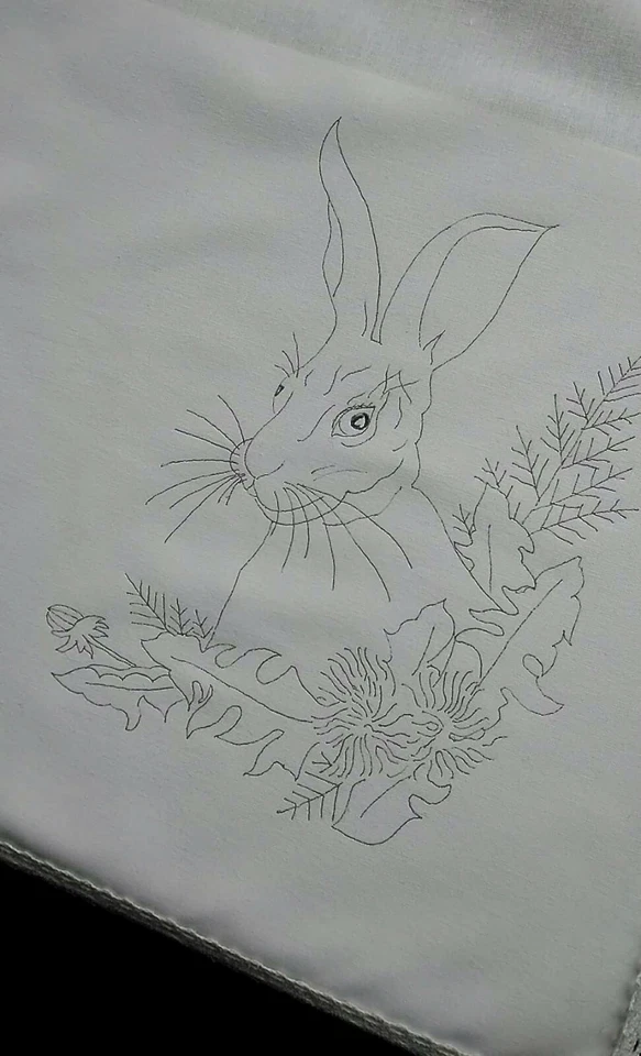 Embroidery Freestyle Tray Cloth Hare Rabbit Animal cotton with lace edge CS0108 - Image 1 of 1