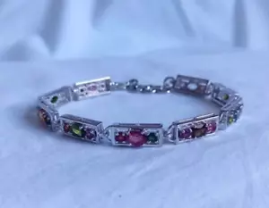 Pulsera rectangular de piedras preciosas ovaladas de turmalina de plata de ley 925 hecha a mano joyería - Imagen 1 de 14