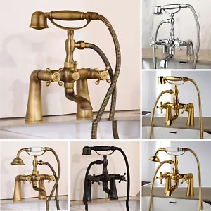 Deck Mounted Clawfoot Bathtub Tap Handheld Shower Gold Vintage Mixer Tub Filler - Picture 1 of 60