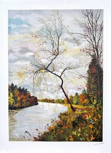 Saint-Alban PAISAJE DE OTOÑO Litografía Firmada, Artista Francés, Fall Riverscape - Imagen 1 de 7