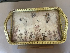 Antique Wood & Wicker Tray with Dried Flowers Ferns & Butterflies - Picture 1 of 14