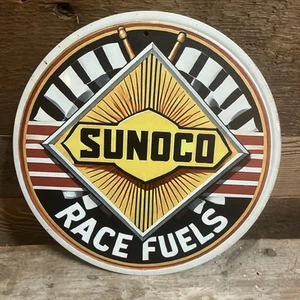 Insegna Sunoco Race Fuels rotonda 8" metallo uomo grotta garage bar stazione di servizio decorazione parete - Foto 1 di 3