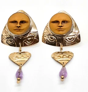 VTG Tabra Gold Filled Moon Face Jaguar Eye Pyramid Tribal Post Earrings Signed - Picture 1 of 5