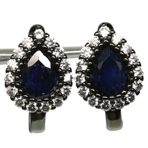 925 Sterling Silver Blue Sapphire & Zircon Earrings Black Gold Coated - Picture 1 of 4