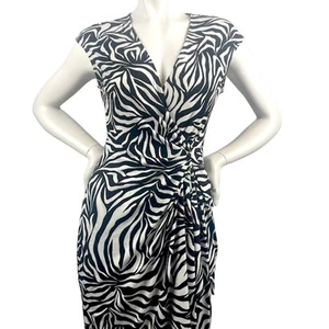 Maggy London Faux Wrap Stretch Zebra Animal Print V Neck Midi Dress Blk Cream S6 - Picture 1 of 16