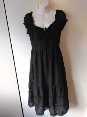 Vestido midi feminino Milkmaid gótico fada grunge manga folhada detalhes de renda preto G - Imagem 1 de 4