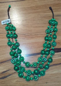 Coconut Bead Light Weight Green Mid Length 3 Tier Necklace, New! - Picture 1 of 5