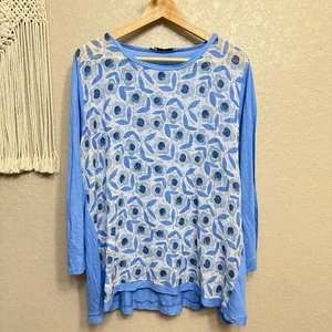 WHYCI Milano YC Manga Larga Lino Azul Top Floral Italia 50 o EE. UU. 18/20 - Imagen 1 de 6