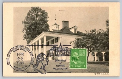 #804 George Washington Mount Vernon Maxi Card w/GW Masonic Pictorial Cancel - Image 1 of 2