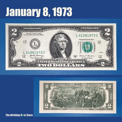 January 8, 1973 Birthday Anniversary $2 Two Dollar Bill Serial Number 01081973 - Image 1 of 2