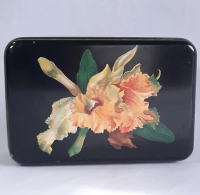 Caixa de doces de metal Julia Kings Chicago flores de orquídea amarela preta 1 lb década de 1920? - Imagem 1 de 4