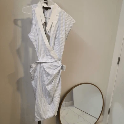 Alexander Wang Azul Rayas Corte Cintura Algodón Camisa Vestido Talla 0 Nuevo Con Etiquetas Foto 1 de 4
