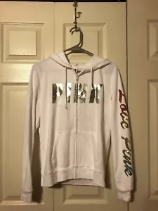 Victoria's Secret PINK weißer Hoodie mit Reißverschluss und Regenbogen-Ombre-Logo Glitzer M NEU - Bild 1 von 8