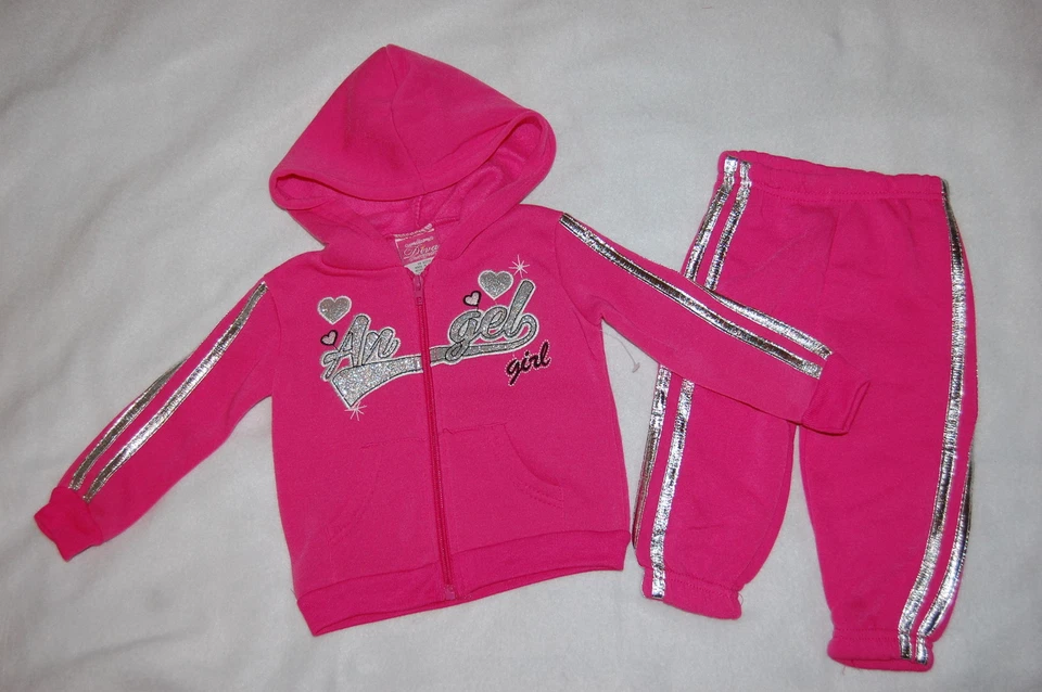 Niñas Pequeñas ROSA OSCURO SUDADERA CON CAPUCHA PANTALONES Cremallera ANGEL GIRL Plateado 18 MO Foto 1 de 1