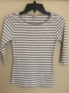 JUSTICE GRAY/WHITE STRIPED DECO 3/4 SLEEVE SHIRT~GIRLS SIZE L (14) - Picture 1 of 9