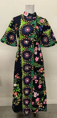 Vintage 1960s Alice of California Floral Print Maxi Dress Neon Hippie Empire - Image 1 of 4