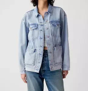 $90 GAP SMALL Cinched Denim Jacket SLIGHTY OVERSIZED LIGHT INDIGO WOMEN I - Picture 1 of 5