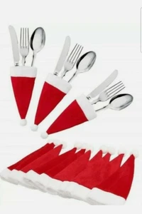 10 Christmas Table Decor Cutlery Holder Fork Bag Xmas Mini Santa Christmas Hat - Picture 1 of 5