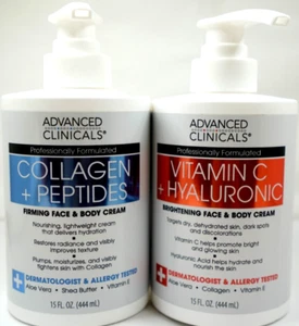 (2 PK) ADVANCED CLINICALS COLLAGEN & Vitamin C FACE BODY CREAM 15 fl.oz each NEW - Picture 1 of 4