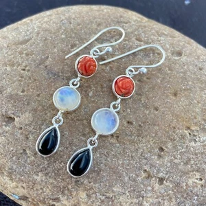 Coral Moonstone And Black Gemstone 925 Sterling Silver Dangler Earring - Picture 1 of 6