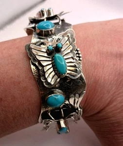 Huge Southwest Sterling Silver Turquoise 3D Butterfly Cuff Bracelet 54.5 grams - Picture 1 of 7