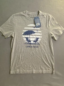 NUEVO CON ETIQUETAS Life Is Good Restrooms Playa Paraguas Trituradora Camiseta Gris Jaspeado Para Hombre’s S - Imagen 1 de 9
