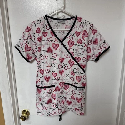 Scrub H.Q. Heart Print Scrub Top – Mock Wrap – Size M – Used Good - Image 1 of 4