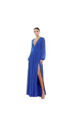 Mac Duggal Size 20 NEW Royal Blue V-Neck Illusion Long Sleeve Chiffon Gown 55682 - Image 1 of 4