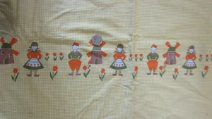 Vintage DUTCH GIRLS & BOYS On YELLOW GINGHAM 1950's Border COTTON Fabric - 3 yd - Picture 1 of 3
