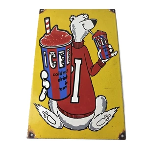 Vintage Icee Bear Sign - Ice Slushy Soda Porcelain Gas Pump Sign - Picture 1 of 14