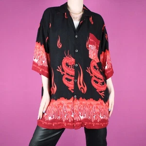 VINTAGE flame 2000s y2k 90s Black red womens anime dragon print shirt top XL - Picture 1 of 14