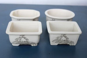 Japanese Top Quality Ivory White w/Drawings Shohin Ceramic Bonsai Pots Set of 4 - Picture 1 of 4