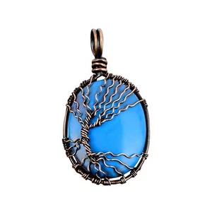 Natural Sleeping Beauty Turquoise Tree Of Life Wire Wrapping Wife Pendant Copper - Picture 1 of 7