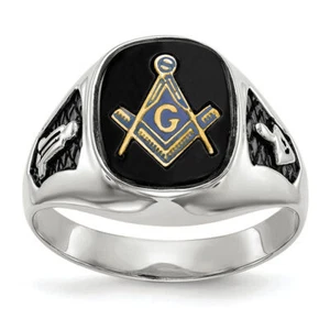 14K Solid White Gold Mens Onyx Masonic Ring - Picture 1 of 120