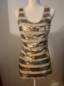 Womens Juniors Old Navy Sleeveless Tank Top Medium Brown Gold Sequin Striped - Picture 1 of 3