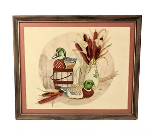 Vintage Framed MALLARD DUCK Embroidery Needlepoint Art Fuzzy Cattails - Picture 1 of 12