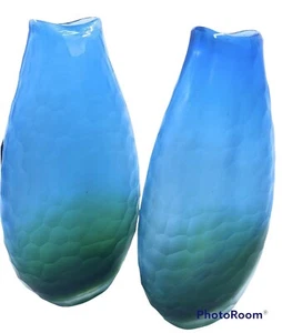 2 Heavy Art Glass Vases Green & Blue Textured Slender Teardrop Shape 9” - Picture 1 of 6
