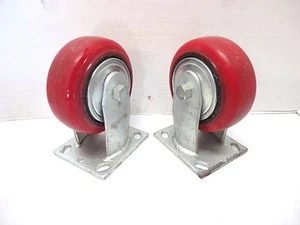 2 Stück starre Platte 5 x 2 verzinkte Stahlrollen / rote Polyurethanräder - Bild 1 von 12