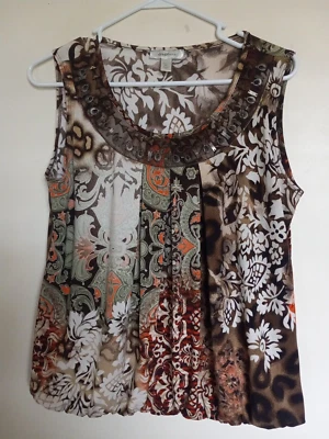 Vtg Dressbarn Women's PL Brown/Green Floral Jeweled Dressy Tank Top - Image 1 of 3