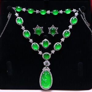 A Set Perfect High Ice China Green Jade Necklace Ring Ear Pendants Pendant m390