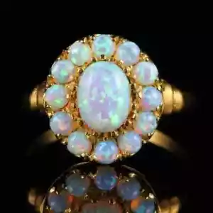 Genuine Fire Opal 3Ct Oval Cluster Engagement Ring 14k Yellow Gold Plated Silver - Picture 1 of 5