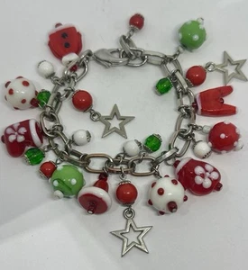 Pulsera Navidad Dije Vidrio Papá Noel Cuentas LampWork Tono Plata Grueso 8" - Imagen 1 de 6