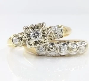 Anello di fidanzamento vintage antico oro giallo 14 carati diamanti set fede nuziale misura 9 FZZ - Foto 1 di 6