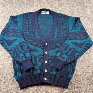 Vintage Gitano Cardigan Sweater Mens XL Navy Teal Geometric Made USA 90s Grandpa - Picture 1 of 5