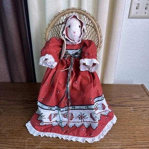 Country Primitive Bunny Rabbit Doll Handmade Folk Art Vtg Red Christmas Dress - Picture 1 of 9