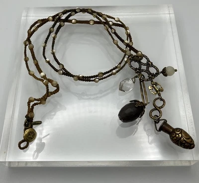 LOVE HEALS Vintage Pendant Necklace -Brass/Copper-Crystal-Vessel Tan Rope 35” - Image 1 of 4
