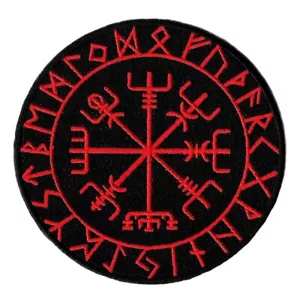 VIKING COMPASS PATCH Vegvisir IRON-ON EMBROIDERED ICELANDIC NORSE RUNE - RED - Picture 1 of 4