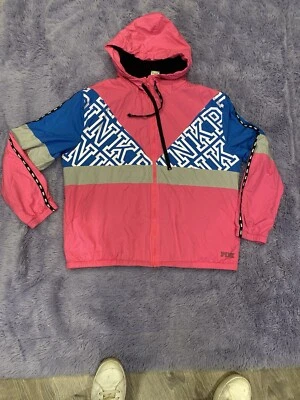 PINK Victoria Secret Women's M/L HOT PINK/BLUE Hooded Poly Jacket Fleece Lined - Image 1 of 4